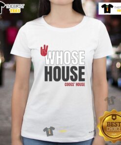 Pretty Whose House Coogs House hand sign on a stylish ladies tee, perfect for fans showcasing school spirit and pride.