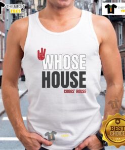 Pretty Whose House Coogs House hand sign tank top worn by a woman, showcasing trendy urban fashion and style.