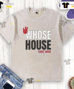 Alt Text: Pretty Whose House Coogs House hand sign on a washed t-shirt, showcasing a stylish graphic tee design.