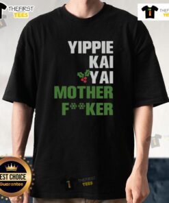 Front and back view of Pretty Yippie Kai-Yay printed T-shirt showcasing vibrant design and comfortable fit.