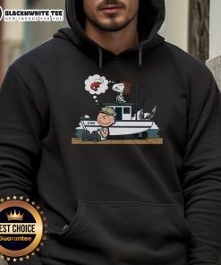 Cute shrimp and peanuts design on a Snoopy hoodie, perfect for casual wear and seafood lovers.