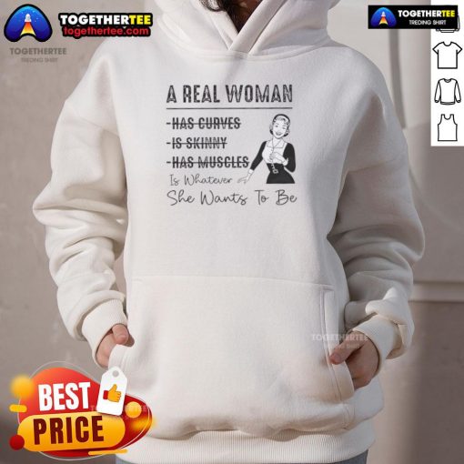 A woman wearing a 'Top A Real Woman Has Curves' hoodie, confidently showcasing her style and body positivity.