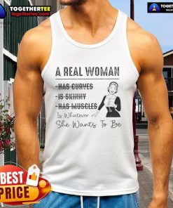 Model wearing 'Top A Real Woman Has Curves' tank top, confidently showcasing body positivity and self-expression.