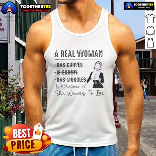 Model wearing 'Top A Real Woman Has Curves' tank top, confidently showcasing body positivity and self-expression.