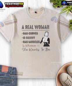Curvy woman wearing 'Top A Real Woman Has Curves' t-shirt, embracing body positivity and self-expression.