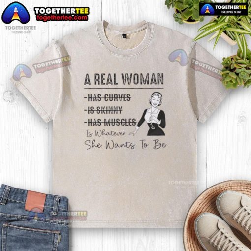 Curvy woman wearing 'Top A Real Woman Has Curves' t-shirt, embracing body positivity and self-expression.