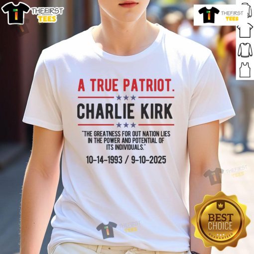 Alt Text: Top A True Patriot Charlie Kirk Rip T-Shirt featuring bold graphics and patriotic colors for true supporters.