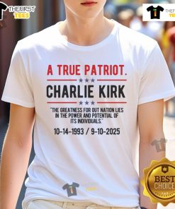 Alt Text: Top A True Patriot Charlie Kirk Rip T-Shirt featuring bold graphics and patriotic colors for true supporters.