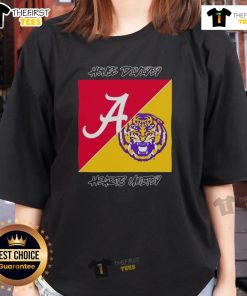 Top Alabama Crimson Tide vs LSU Tigers College Football House Divided Hearts 2025 logo on a ladies tee shirt.
