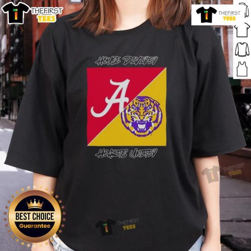 Top Alabama Crimson Tide vs LSU Tigers College Football House Divided Hearts 2025 logo on a ladies tee shirt.