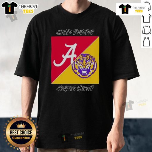 Top Alabama Crimson Tide vs LSU Tigers house divided hearts logo T-shirt for college football fans in 2025.