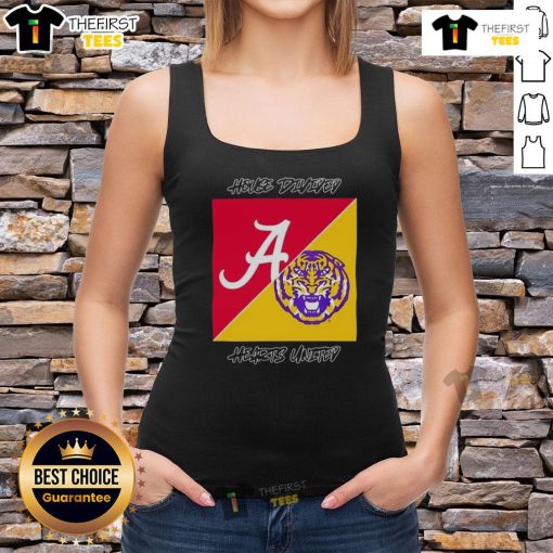 Alt Text: Top Alabama Crimson Tide vs LSU Tigers College Football House Divided Hearts 2025 Logo Tank Top for fans