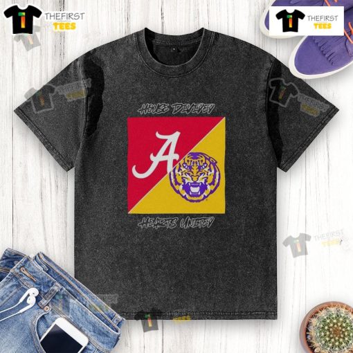 Top Alabama Crimson Tide vs LSU Tigers College Football house divided hearts logo washed t-shirt for fans.