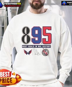 Alexander Ovechkin Washington Capitals sweatshirt celebrating 895 goals, marking him in NHL history.