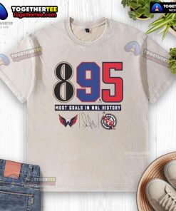 Top Alexander Ovechkin Washington Capitals 895 Goals NHL History Signature Washed T-Shirt displayed on a hanger.