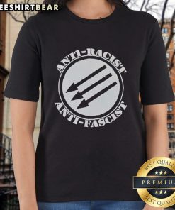Top Anti-Racist Anti-Fascist Ladies Tee featuring bold text and a stylish design for social justice advocates.