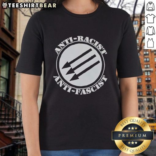 Top Anti-Racist Anti-Fascist Ladies Tee featuring bold text and a stylish design for social justice advocates.