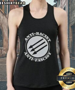 Top Anti-Racist Anti-Fascist Tank Top featuring bold text design, perfect for activism and promoting equality.