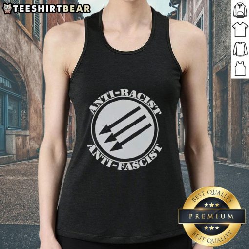 Top Anti-Racist Anti-Fascist Tank Top featuring bold text design, perfect for activism and promoting equality.