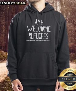 Top Aye Welcome Refugees Hoodie featuring a bold design promoting inclusivity and support for refugees in vibrant colors.