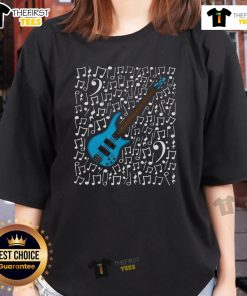 Top bass guitar musical notes design on a ladies tee, perfect for bassists, music teachers, and musicians.