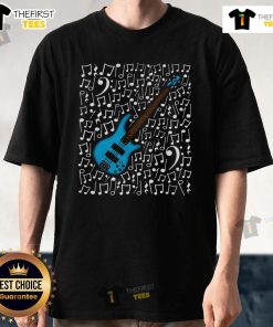 Alt Text: Top bass guitar with musical notes on a T-shirt for bassists and music teachers, perfect for musicians.