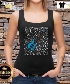 Top bass guitar with musical notes on a stylish tank top for bassists and music teachers, showcasing a musician's passion.