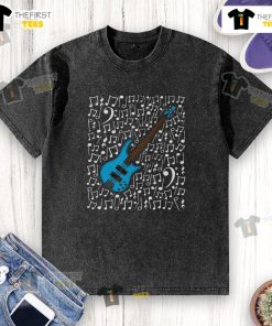 Top bass guitar with musical notes on a washed t-shirt, perfect for bassists and music teachers.