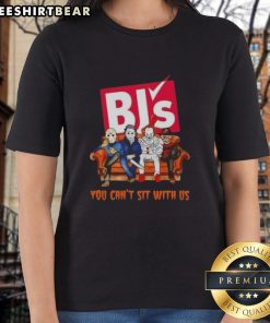 Top BJs Wholesale Club X Horror Movies Halloween tee for women featuring 'You Can Sit With Us' slogan.