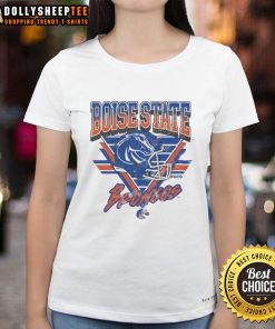 Alt Text: Vintage ladies tee featuring the Boise State Broncos logo in a stylish triangle design, perfect for fans.