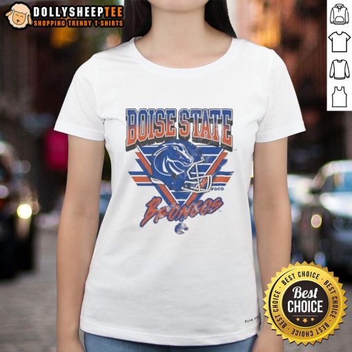 Alt Text: Vintage ladies tee featuring the Boise State Broncos logo in a stylish triangle design, perfect for fans.