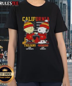 Alt Text: Ladies tee featuring Charlie Brown and Snoopy celebrating USC Trojans Saturdays and San Francisco 49ers Sundays.