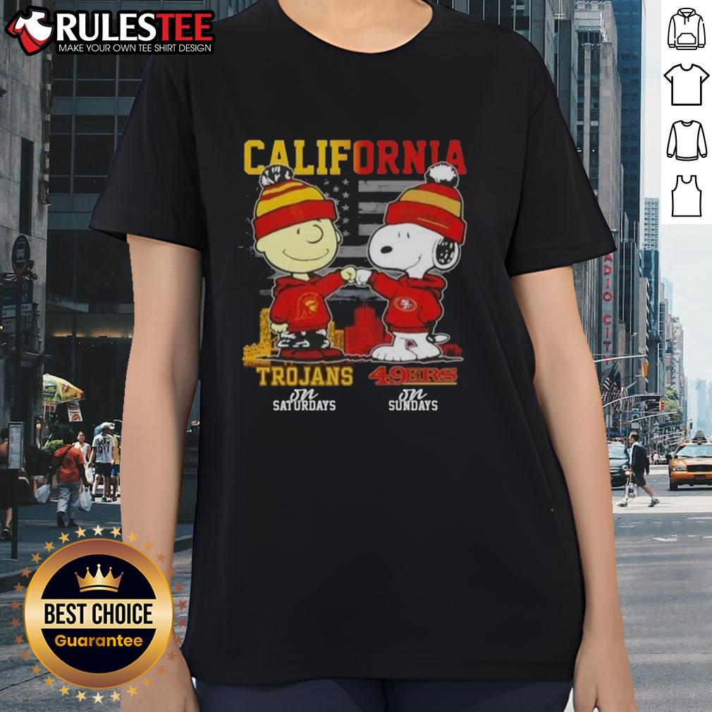 Top California Sports Charlie Brown USC Trojans Saturdays x Snoopy San Francisco 49ers Sundays Ladies-Tee Alt Text: Ladies tee featuring Charlie Brown and Snoopy celebrating USC Trojans Saturdays and San Francisco 49ers Sundays.