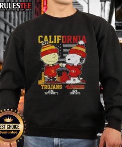 Charlie Brown sweatshirt featuring USC Trojans for Saturdays and San Francisco 49ers for Sundays, perfect for sports fans.
