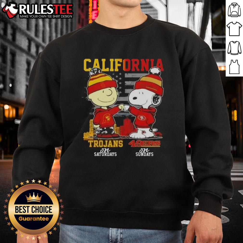 Top California Sports Charlie Brown USC Trojans Saturdays x Snoopy San Francisco 49ers Sundays Sweatshirt Charlie Brown sweatshirt featuring USC Trojans for Saturdays and San Francisco 49ers for Sundays, perfect for sports fans.