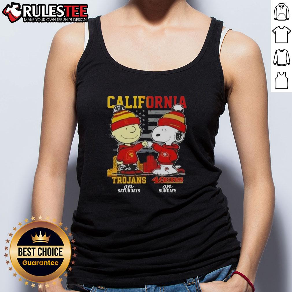Top California Sports Charlie Brown USC Trojans Saturdays x Snoopy San Francisco 49ers Sundays Tank Top Charlie Brown tank top featuring USC Trojans for Saturdays and San Francisco 49ers for Sundays, perfect for California sports fans.