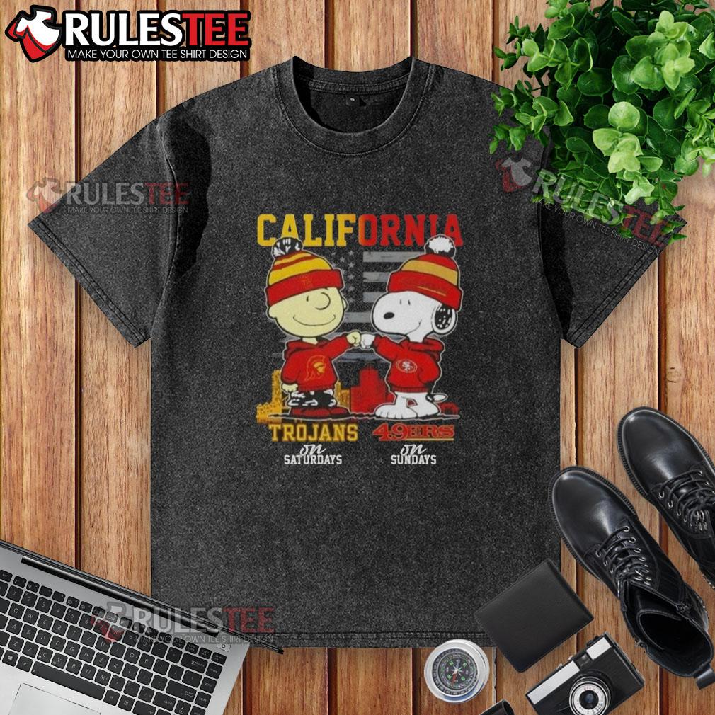 Top California Sports Charlie Brown USC Trojans Saturdays x Snoopy San Francisco 49ers Sundays Washed T-Shirt Top California Sports Charlie Brown USC Trojans Saturdays Snoopy San Francisco 49ers Sundays washed t-shirt design