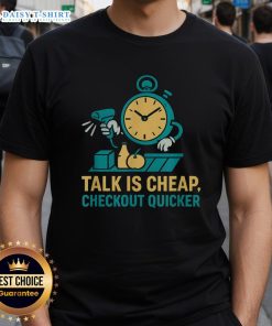 Top Cashier Talk Is Cheap Checkout Quicker Grocery Store Worker T-Shirt featuring a fun design for cashiers and grocery staff.