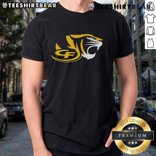 Alt Text: Top Cf Tiger High School Logo T-Shirt featuring the bold CF Tigers emblem in vibrant colors on a casual tee.