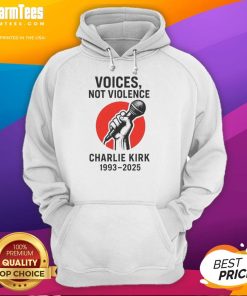 Alt Text: Charlie Kirk Voices Not Violence hoodie promoting Make America Great Again message, featuring bold graphics and vibrant colors.
