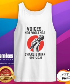 Charlie Kirk Voices Not Violence tank top promoting Make America Great Again, featuring bold graphics and patriotic colors.