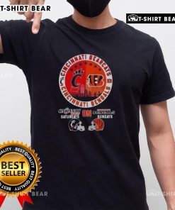 Top Cincinnati Sports Bearcats Saturdays and Bengals Sundays football helmets on a Skyline T-shirt design