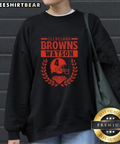 Alt Text: Cleveland Browns Watson football player sweatshirt featuring a diamond logo and helmet design for fans.