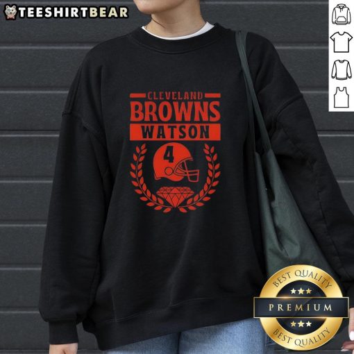 Alt Text: Cleveland Browns Watson football player sweatshirt featuring a diamond logo and helmet design for fans.
