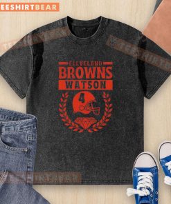 Alt Text: Cleveland Browns Watson football player 4 helmet diamond logo on a washed t-shirt, perfect for fans.
