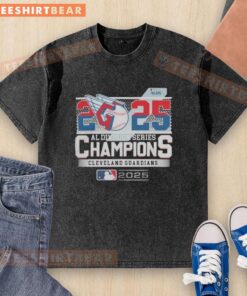 Top Cleveland Guardians 2025 MLB Postseason AL Division Series Champions Celebration Washed T-Shirt displayed on a hanger.