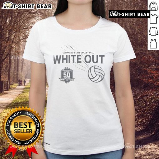 Alt Text: 2025 Colorado State Volleyball White Out Ladies Tee featuring a stylish design perfect for game day.