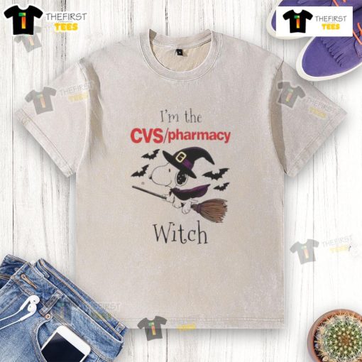 Alt Text: Top CVS Pharmacy X Snoopy I'm The Witch Halloween washed t-shirt featuring Snoopy in a witch costume.