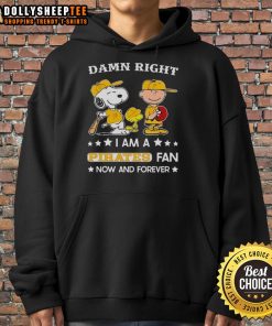 Alt Text: Snoopy and Charlie Brown hoodie featuring Top Damn Right I Am A Pirates Fan Now And Forever slogan.