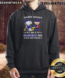 Top Damn Right I Am A Rays Fan Now And Forever hoodie featuring Snoopy and Charlie Brown in vibrant colors.